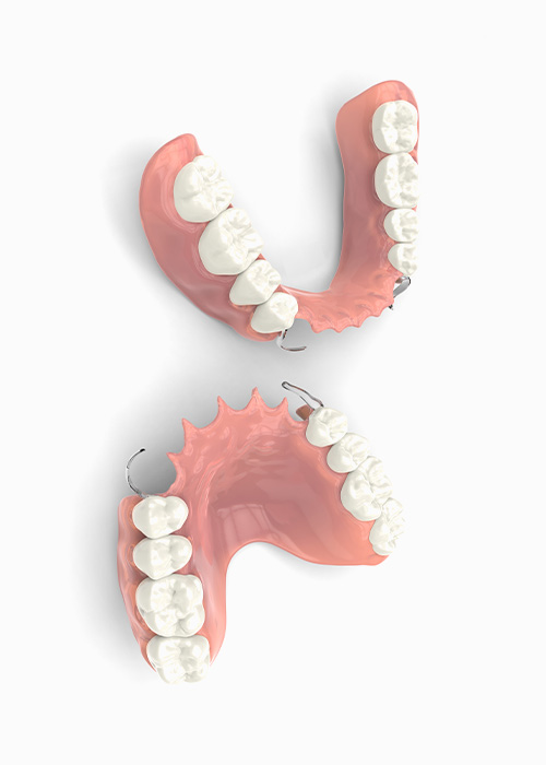 Isolated image of full denture and partial denture on display.